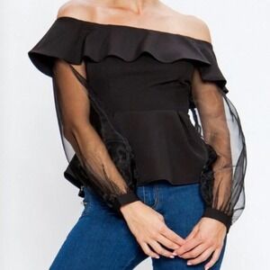 Love Letter Collection Off Shoulder‎ Mesh Sleeve Peplum Top, Womens M Black